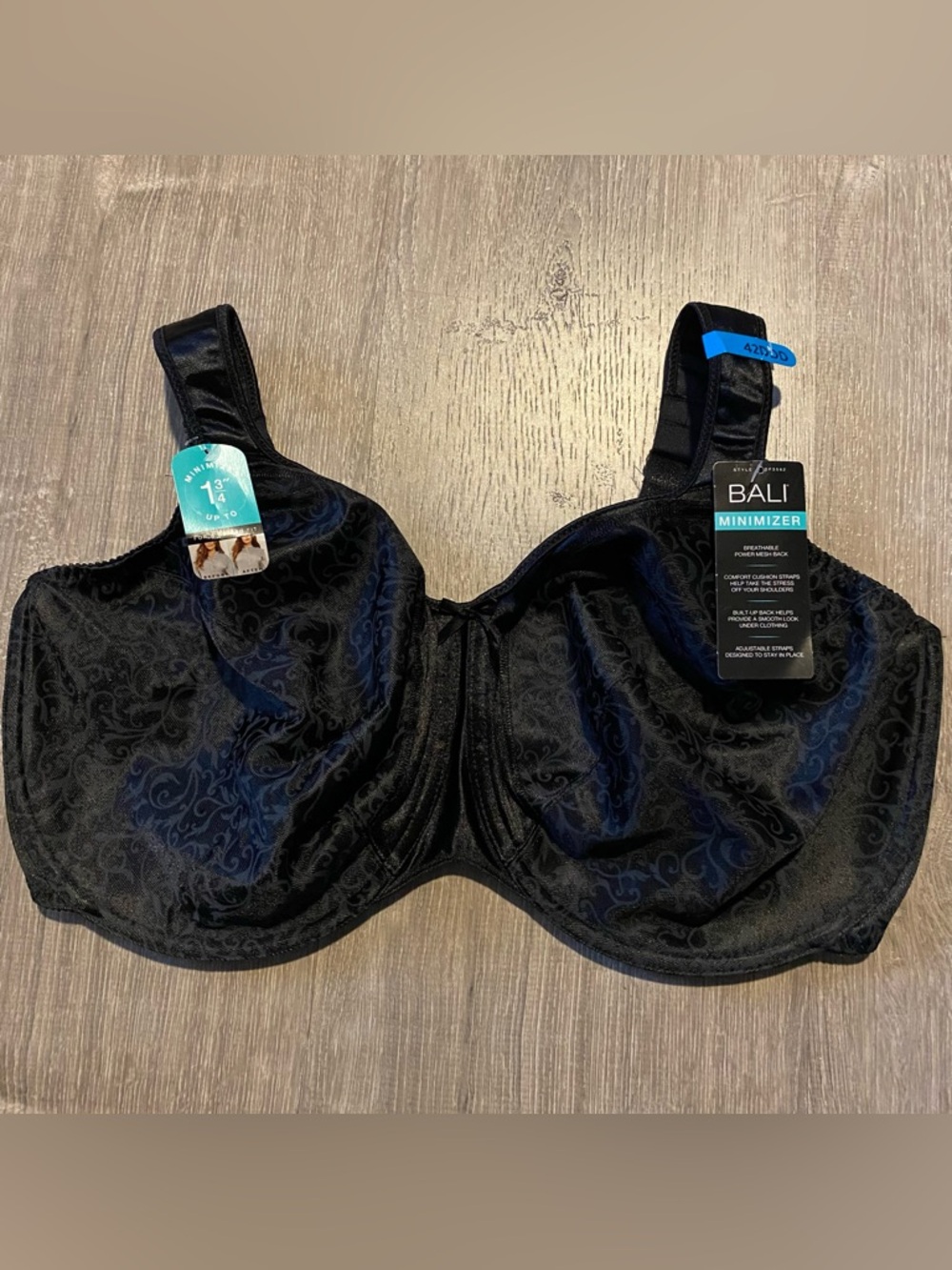 NWT Bali Women's 42DDD Satin Comfort Strap Minimizer Underwire Bra DF3562 Black